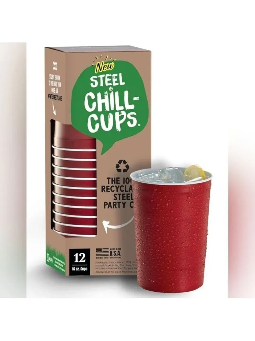 Red Steel Chill Cups Eco Friendly Party Cups Recyclable Made in USA